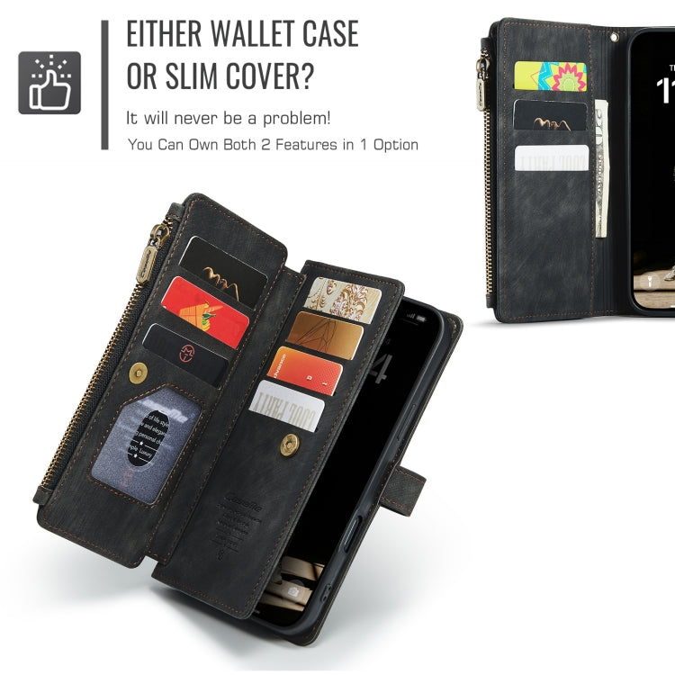 Pour iPhone 16 Pro Max Étui Portefeuille en Cuir avec Fermeture Éclair et Fentes pour Cartes CaseMe C30 (Noir)