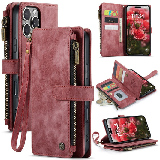 For iPhone 16 Pro Max CaseMe C30 Card Slots Zipper Wallet Leather Phone Case(Red)