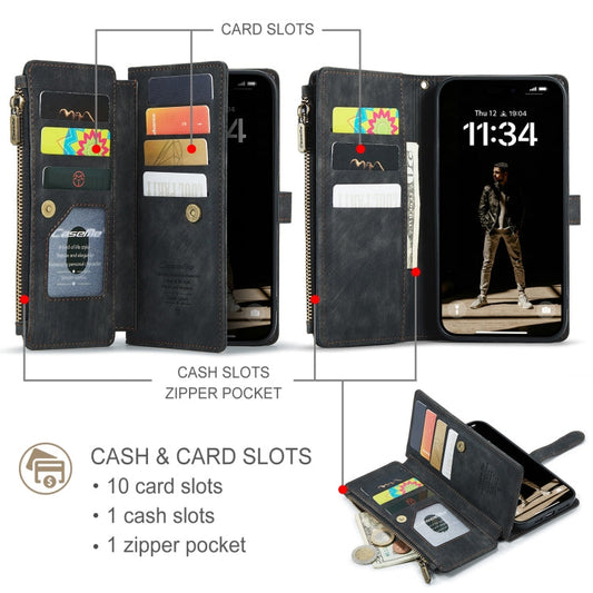For iPhone 16 Plus CaseMe C30 Card Slots Zipper Wallet Leather Phone Case(Black)