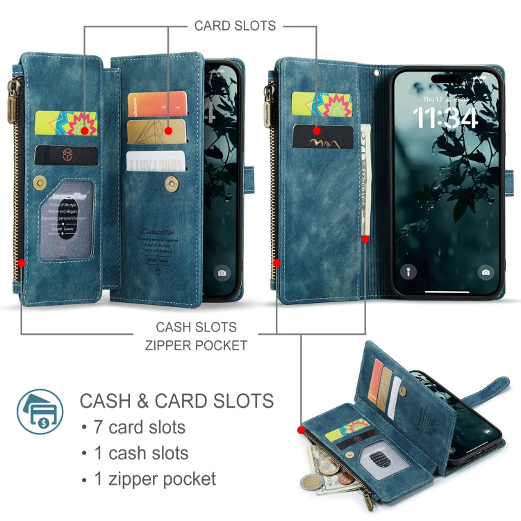 Pour iPhone 16 Étui portefeuille en cuir avec fermeture éclair et fentes pour cartes CaseMe C30 (bleu)