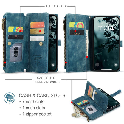 Pour iPhone 16 Étui portefeuille en cuir avec fermeture éclair et fentes pour cartes CaseMe C30 (bleu)