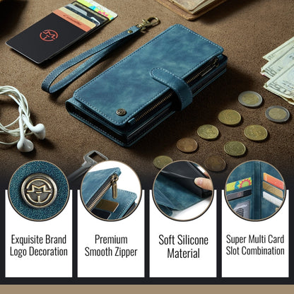 Pour iPhone 16 Étui portefeuille en cuir avec fermeture éclair et fentes pour cartes CaseMe C30 (bleu)