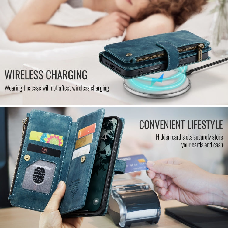 Pour iPhone 16 Étui portefeuille en cuir avec fermeture éclair et fentes pour cartes CaseMe C30 (bleu)