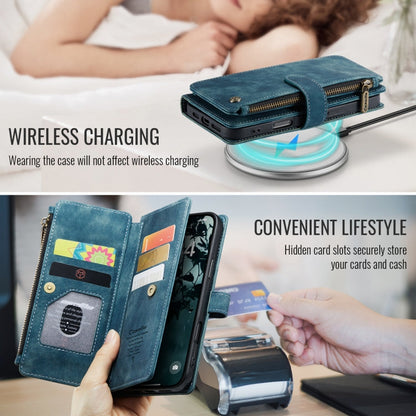 Pour iPhone 16 Étui portefeuille en cuir avec fermeture éclair et fentes pour cartes CaseMe C30 (bleu)