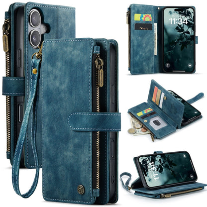 Pour iPhone 16 Étui portefeuille en cuir avec fermeture éclair et fentes pour cartes CaseMe C30 (bleu)