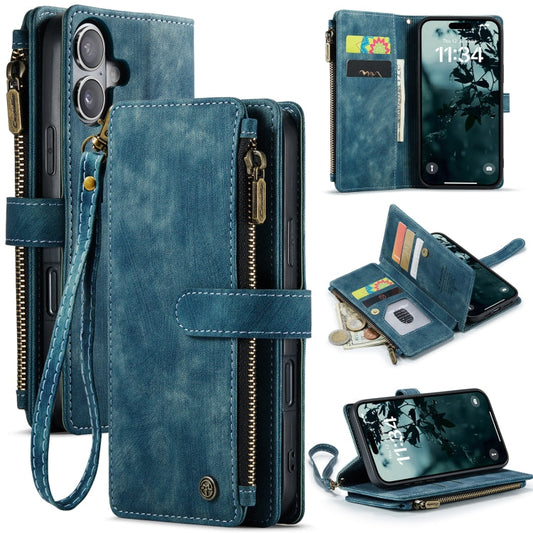 Pour iPhone 16 Étui portefeuille en cuir avec fermeture éclair et fentes pour cartes CaseMe C30 (bleu)