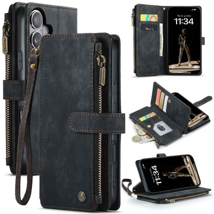 Pour iPhone 16 Étui portefeuille en cuir CaseMe C30 à fermeture éclair avec fentes pour cartes (noir)