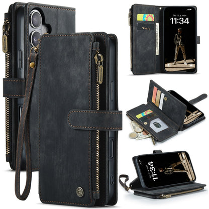 Pour iPhone 16 Étui portefeuille en cuir CaseMe C30 à fermeture éclair avec fentes pour cartes (noir)