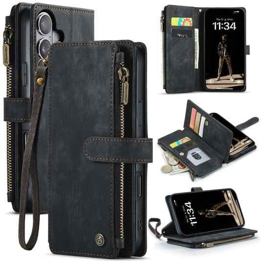 Pour iPhone 16 Étui portefeuille en cuir CaseMe C30 à fermeture éclair avec fentes pour cartes (noir)