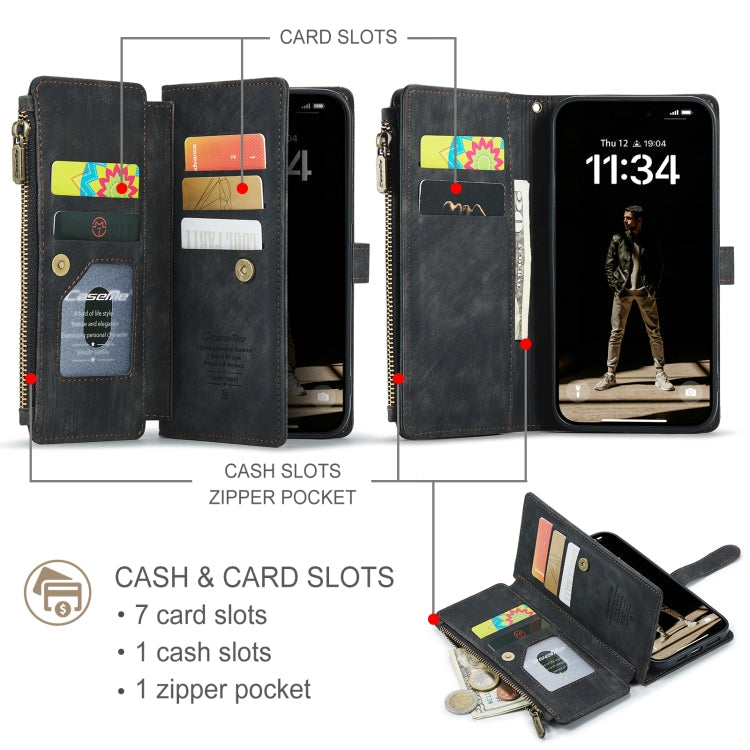 Pour iPhone 16 Étui portefeuille en cuir CaseMe C30 à fermeture éclair avec fentes pour cartes (noir)