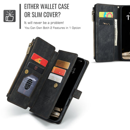 Pour iPhone 16 Étui portefeuille en cuir CaseMe C30 à fermeture éclair avec fentes pour cartes (noir)