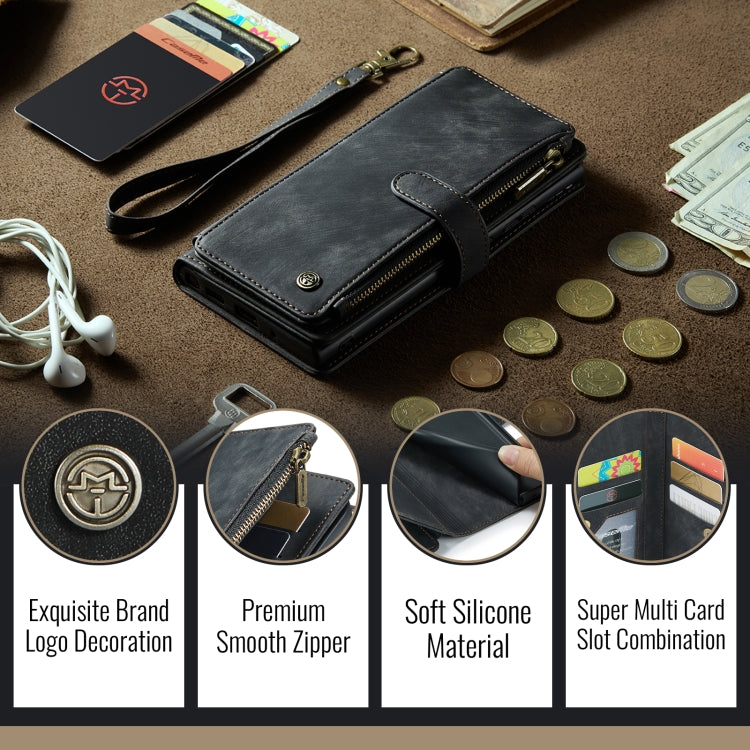 Pour iPhone 16 Étui portefeuille en cuir CaseMe C30 à fermeture éclair avec fentes pour cartes (noir)