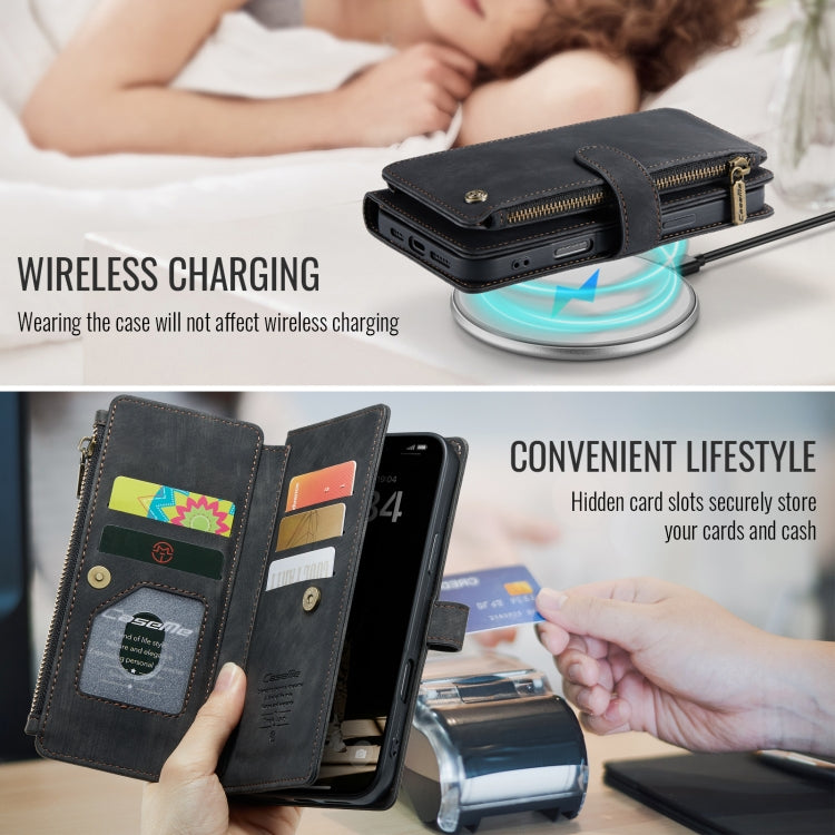 Pour iPhone 16 Étui portefeuille en cuir CaseMe C30 à fermeture éclair avec fentes pour cartes (noir)