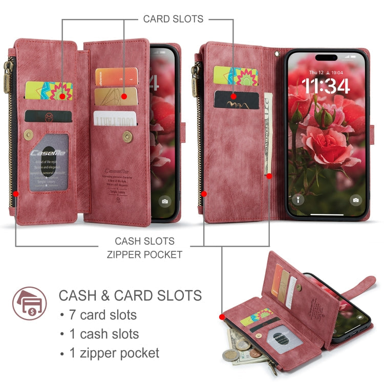 For iPhone 16 CaseMe C30 Card Slots Zipper Wallet Leather Phone Case(Red)