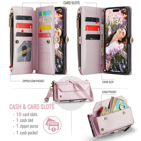 For iPhone 16 Pro Max CaseMe C36 Card Slots Zipper Wallet RFID Anti-theft Leather Phone Case(Pink)