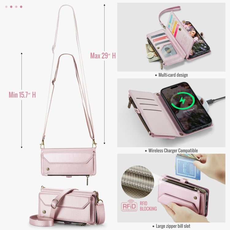 For iPhone 16 Pro Max CaseMe C36 Card Slots Zipper Wallet RFID Anti-theft Leather Phone Case(Pink)