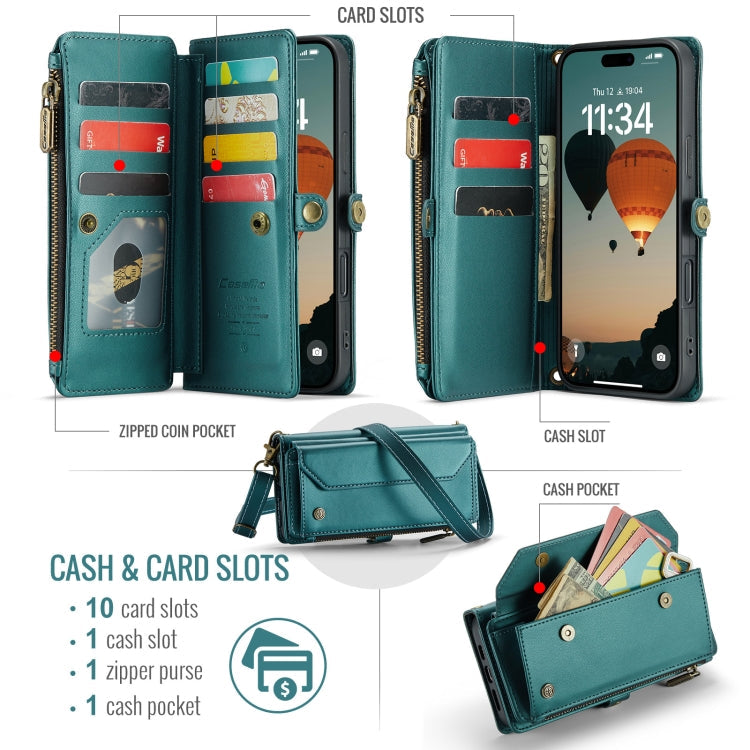 Pour iPhone 16 Pro Max étui portefeuille en cuir CaseMe C36 avec emplacements pour cartes, fermeture éclair et protection RFID antivol (bleu)