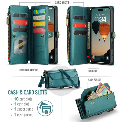 Pour iPhone 16 Pro Max étui portefeuille en cuir CaseMe C36 avec emplacements pour cartes, fermeture éclair et protection RFID antivol (bleu)