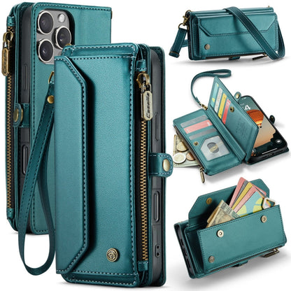 Pour iPhone 16 Pro Max étui portefeuille en cuir CaseMe C36 avec emplacements pour cartes, fermeture éclair et protection RFID antivol (bleu)