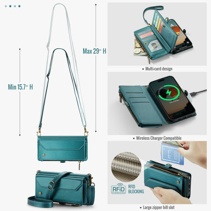 Pour iPhone 16 Pro Max étui portefeuille en cuir CaseMe C36 avec emplacements pour cartes, fermeture éclair et protection RFID antivol (bleu)