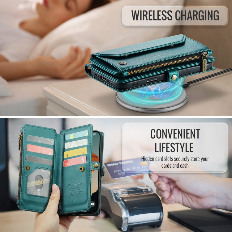 Pour iPhone 16 Pro Max étui portefeuille en cuir CaseMe C36 avec emplacements pour cartes, fermeture éclair et protection RFID antivol (bleu)