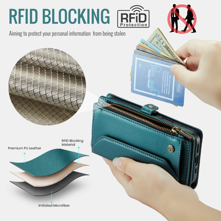 Pour iPhone 16 Pro Max étui portefeuille en cuir CaseMe C36 avec emplacements pour cartes, fermeture éclair et protection RFID antivol (bleu)