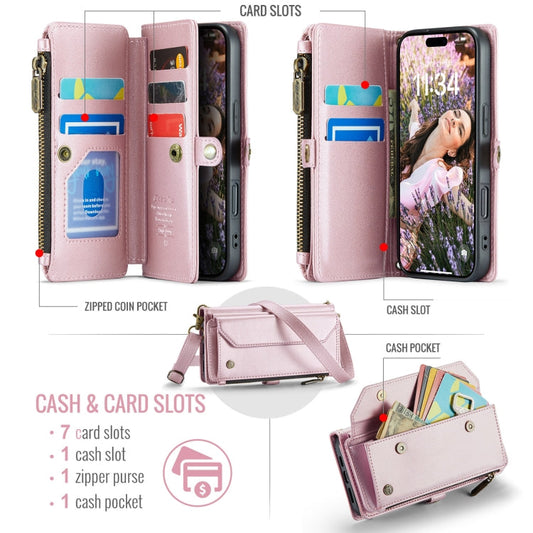 For iPhone 16 Pro CaseMe C36 Card Slots Zipper Wallet RFID Anti-theft Leather Phone Case(Pink)