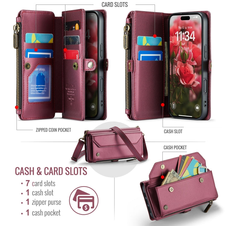For iPhone 16 Pro CaseMe C36 Card Slots Zipper Wallet RFID Anti-theft Leather Phone Case(Red)