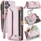 Pour iPhone 16 Plus Étui portefeuille à fermeture éclair CaseMe C36 avec emplacements pour cartes en cuir antivol RFID (Rose)
