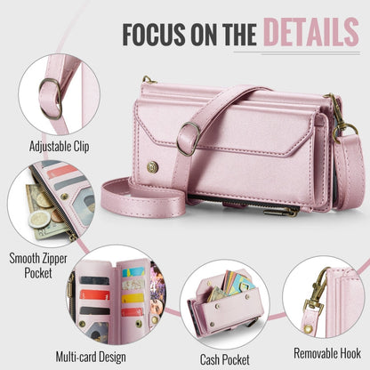 Pour iPhone 16 Plus Étui portefeuille à fermeture éclair CaseMe C36 avec emplacements pour cartes en cuir antivol RFID (Rose)