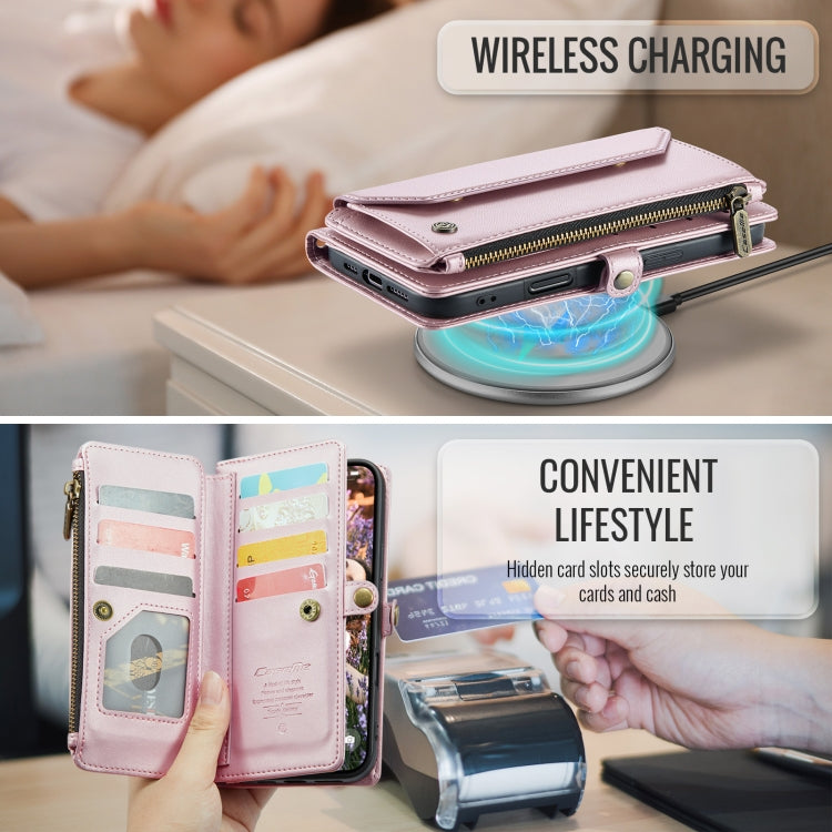 Pour iPhone 16 Plus Étui portefeuille à fermeture éclair CaseMe C36 avec emplacements pour cartes en cuir antivol RFID (Rose)