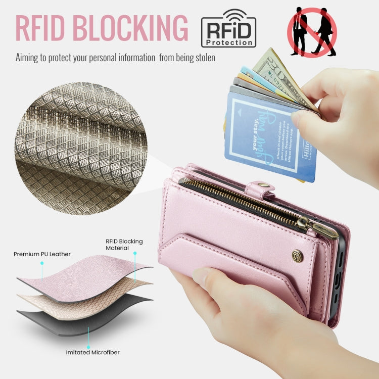 Pour iPhone 16 Plus Étui portefeuille à fermeture éclair CaseMe C36 avec emplacements pour cartes en cuir antivol RFID (Rose)