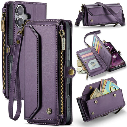 Pour iPhone 16 Plus Étui portefeuille à fermeture éclair CaseMe C36 avec emplacements pour cartes en cuir antivol RFID (violet)