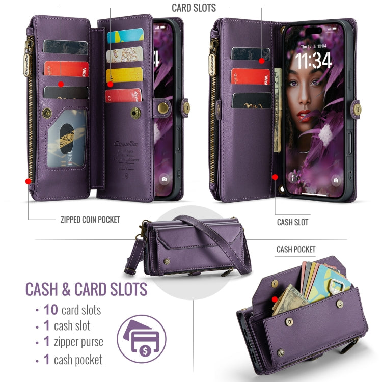 Pour iPhone 16 Plus Étui portefeuille à fermeture éclair CaseMe C36 avec emplacements pour cartes en cuir antivol RFID (violet)