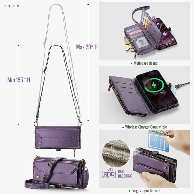 Pour iPhone 16 Plus Étui portefeuille à fermeture éclair CaseMe C36 avec emplacements pour cartes en cuir antivol RFID (violet)