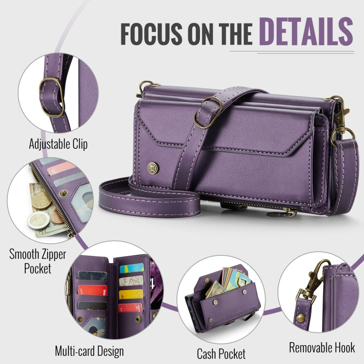 Pour iPhone 16 Plus Étui portefeuille à fermeture éclair CaseMe C36 avec emplacements pour cartes en cuir antivol RFID (violet)