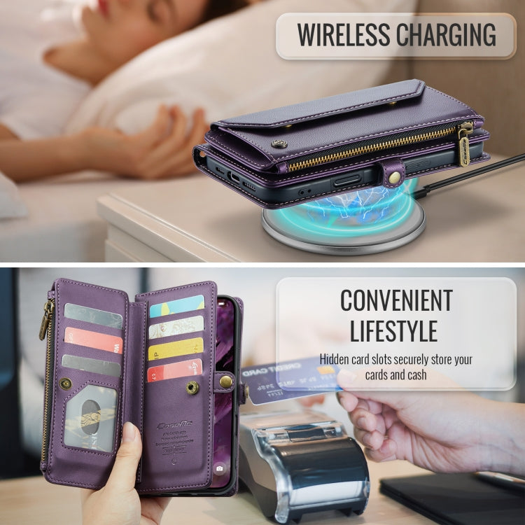 Pour iPhone 16 Plus Étui portefeuille à fermeture éclair CaseMe C36 avec emplacements pour cartes en cuir antivol RFID (violet)