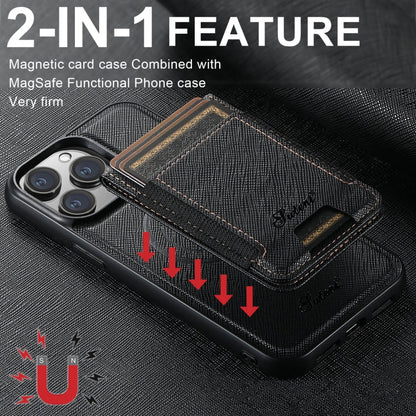 For iPhone 16 Pro Max Suteni H17 Cross Grain Leather MagSafe Detachable Wallet Phone Case(Black)