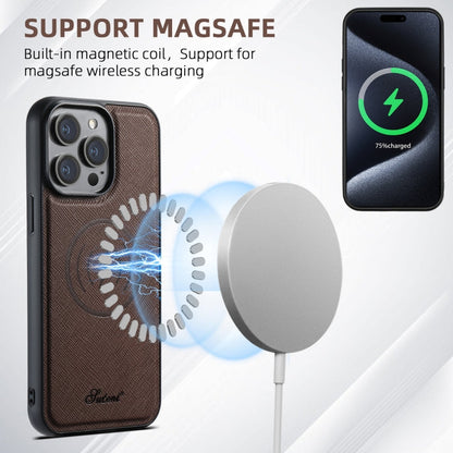 For iPhone 16 Pro Suteni H17 Cross Grain Leather MagSafe Detachable Wallet Phone Case(Brown)