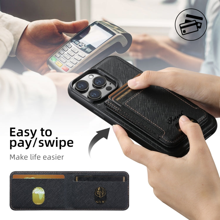 For iPhone 16 Suteni H17 Cross Grain Leather MagSafe Detachable Wallet Phone Case(Black)