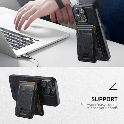 For iPhone 16 Suteni H17 Cross Grain Leather MagSafe Detachable Wallet Phone Case(Black)