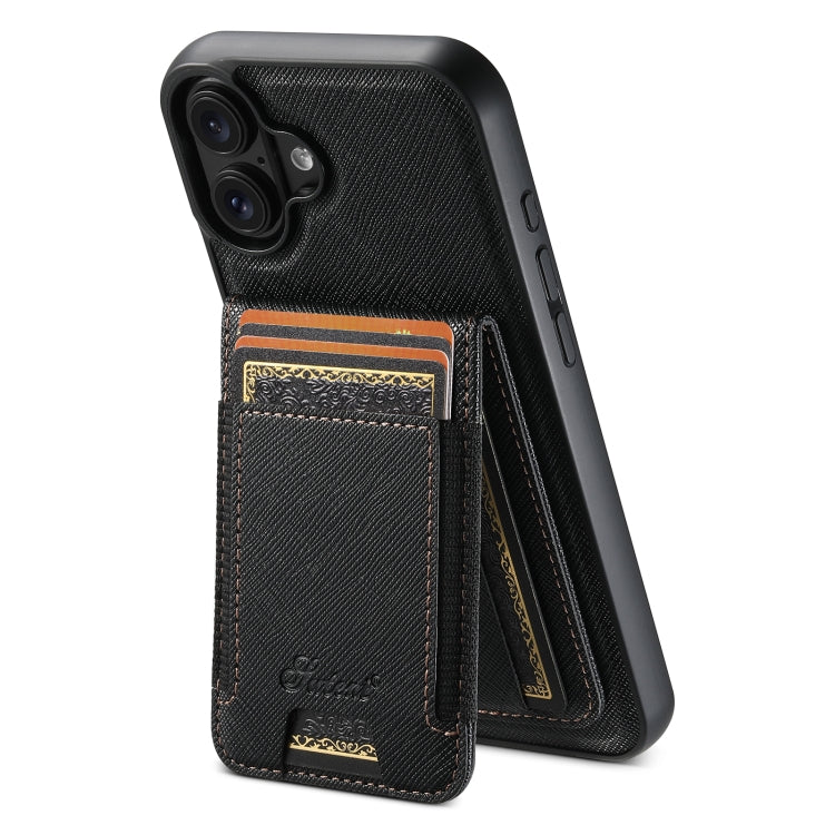 For iPhone 16 Suteni H17 Cross Grain Leather MagSafe Detachable Wallet Phone Case(Black)