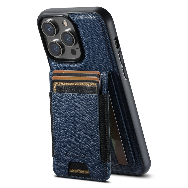 For iPhone 15 Pro Max Suteni H17 Cross Grain Leather MagSafe Detachable Wallet Phone Case(Blue)
