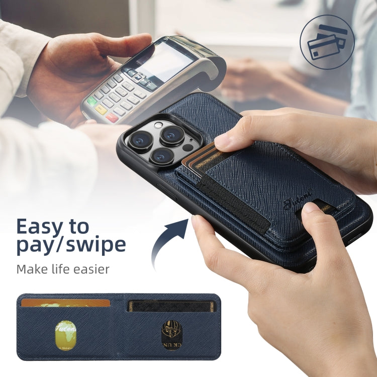 For iPhone 15 Pro Suteni H17 Cross Grain Leather MagSafe Detachable Wallet Phone Case(Blue)
