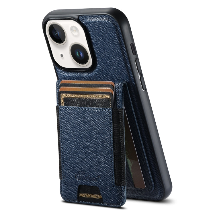 Pour iPhone 14 Plus Étui Suteni H17 en cuir grainé avec portefeuille amovible MagSafe (Bleu)