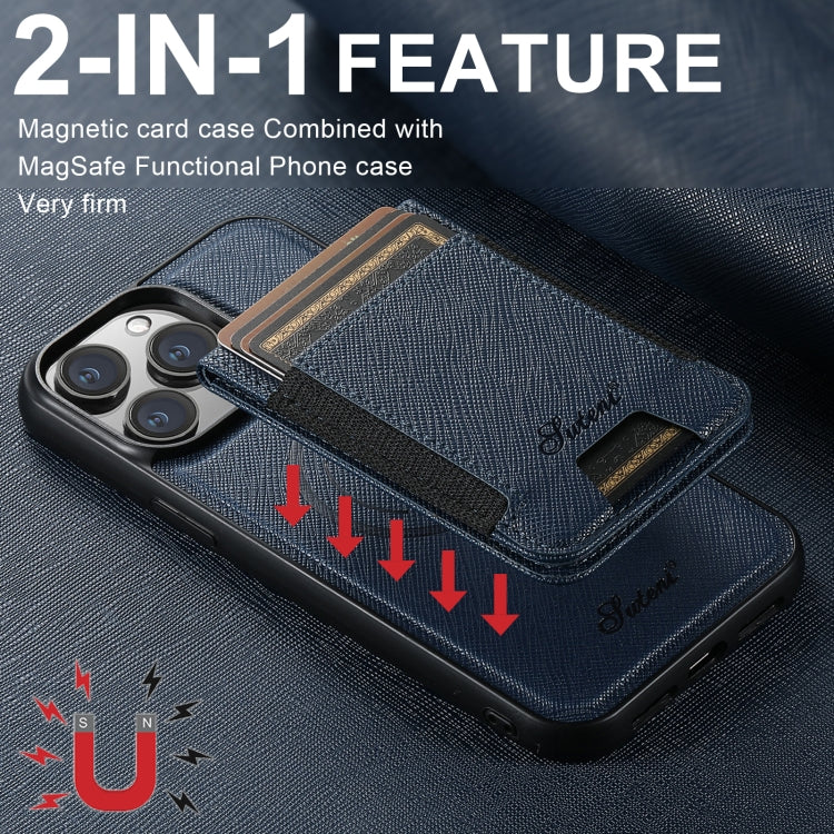 For iPhone 13 Suteni H17 Cross Grain Leather MagSafe Detachable Wallet Phone Case(Blue)