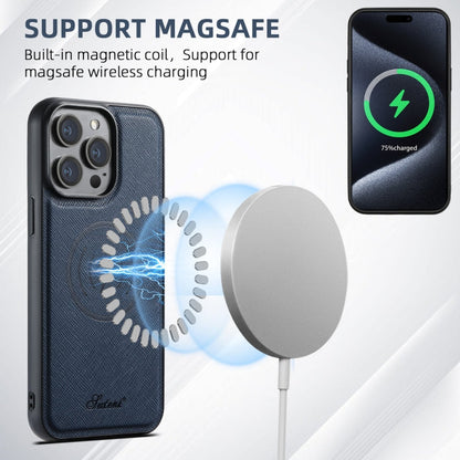 For iPhone 12 Pro Max Suteni H17 Cross Grain Leather MagSafe Detachable Wallet Phone Case(Blue)