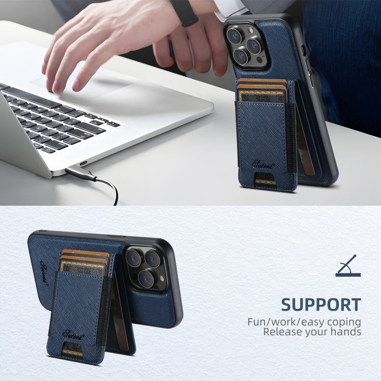 For iPhone 12 Suteni H17 Cross Grain Leather MagSafe Detachable Wallet Phone Case(Blue)