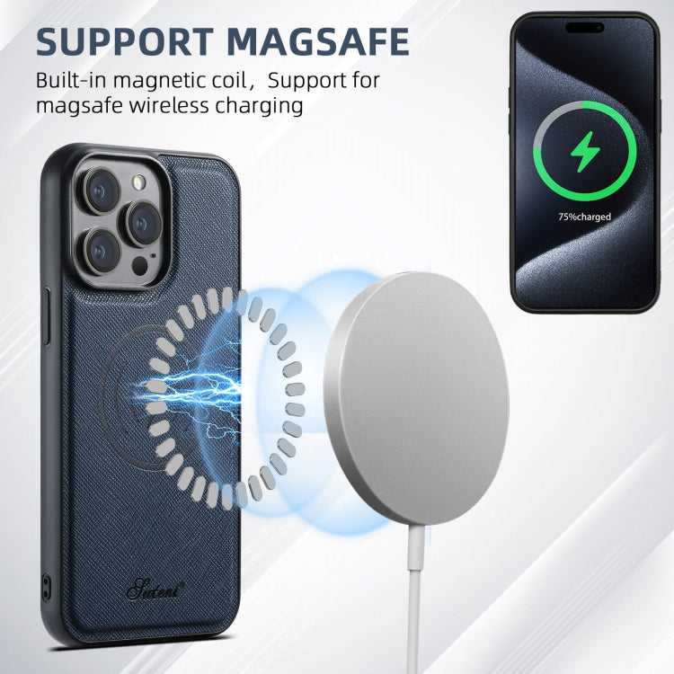 For iPhone 12 Suteni H17 Cross Grain Leather MagSafe Detachable Wallet Phone Case(Blue)