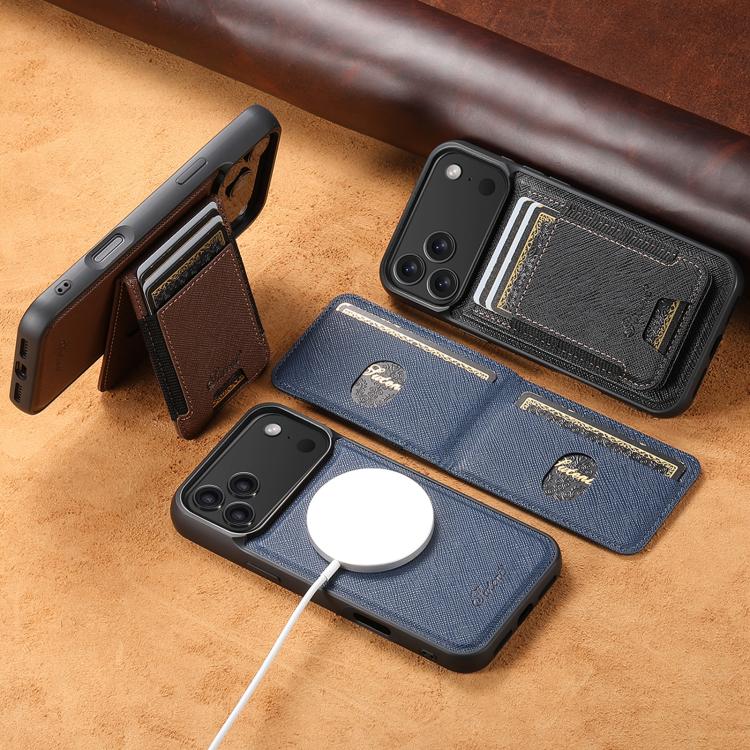 For iPhone 13 Suteni H17 Cross Grain Leather MagSafe Detachable Wallet Phone Case(Blue)